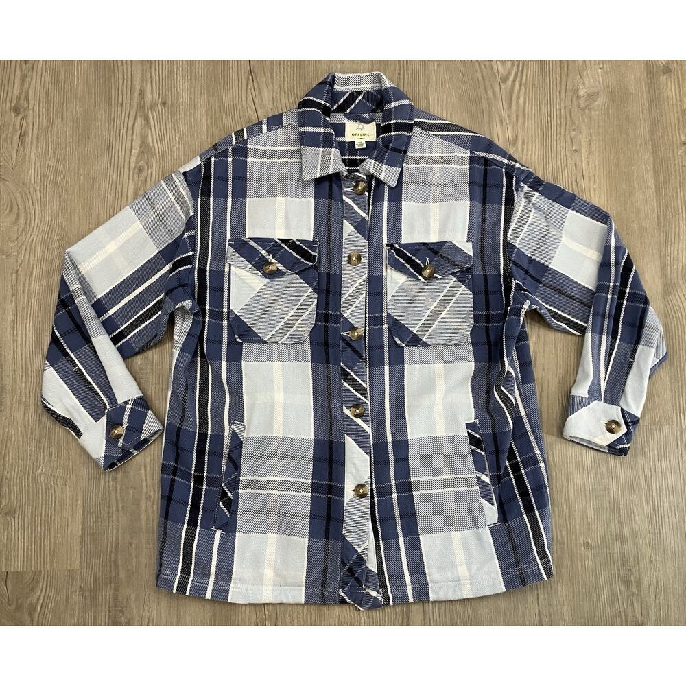 Offline By Aerie Long Sleeve Button Up Blue Plaid Shacket Women’s Size S